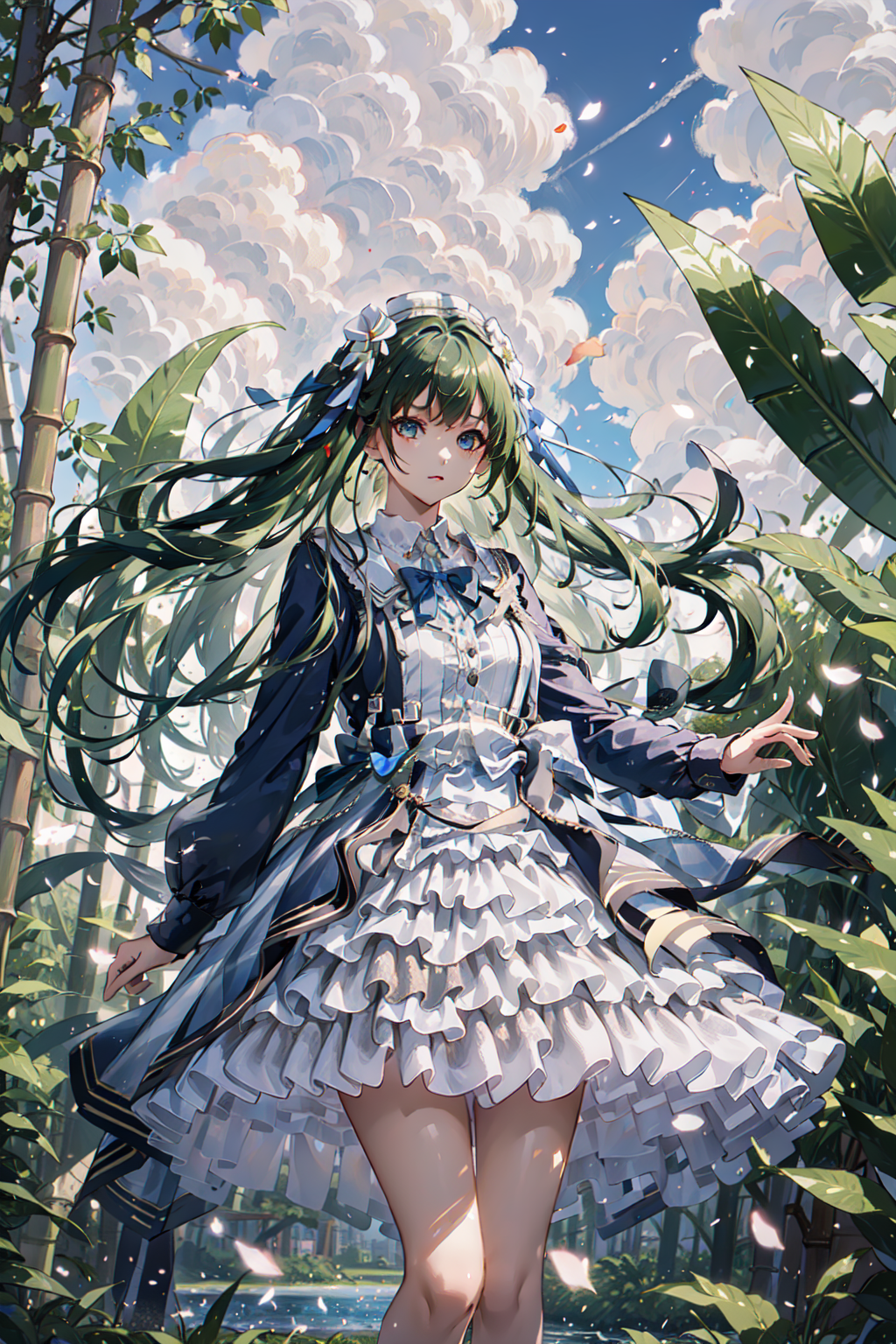 04020-3823600185-1girl,long hair,long sleeves,solo, , bamboo leaf,lake, cloudy sky,flower, petal,sunlight,wind,  ,green hair, blue dress.png
